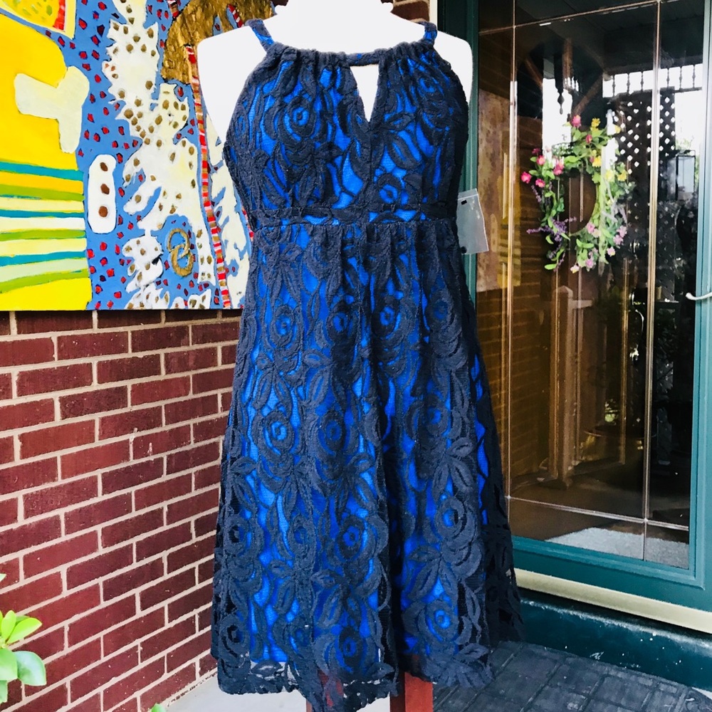INC  Petite Black Lace/Blue Underlay Halter Dress